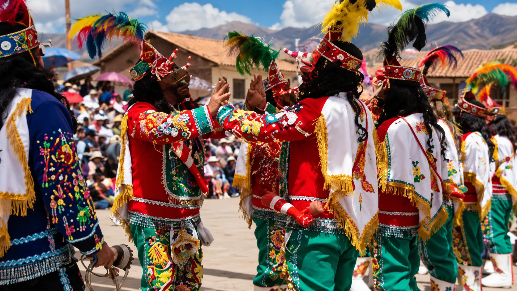 Comparsas de danzantes folclóricos durante la fiesta patronal del Doctor Patrón San Jerónimo en Cusco