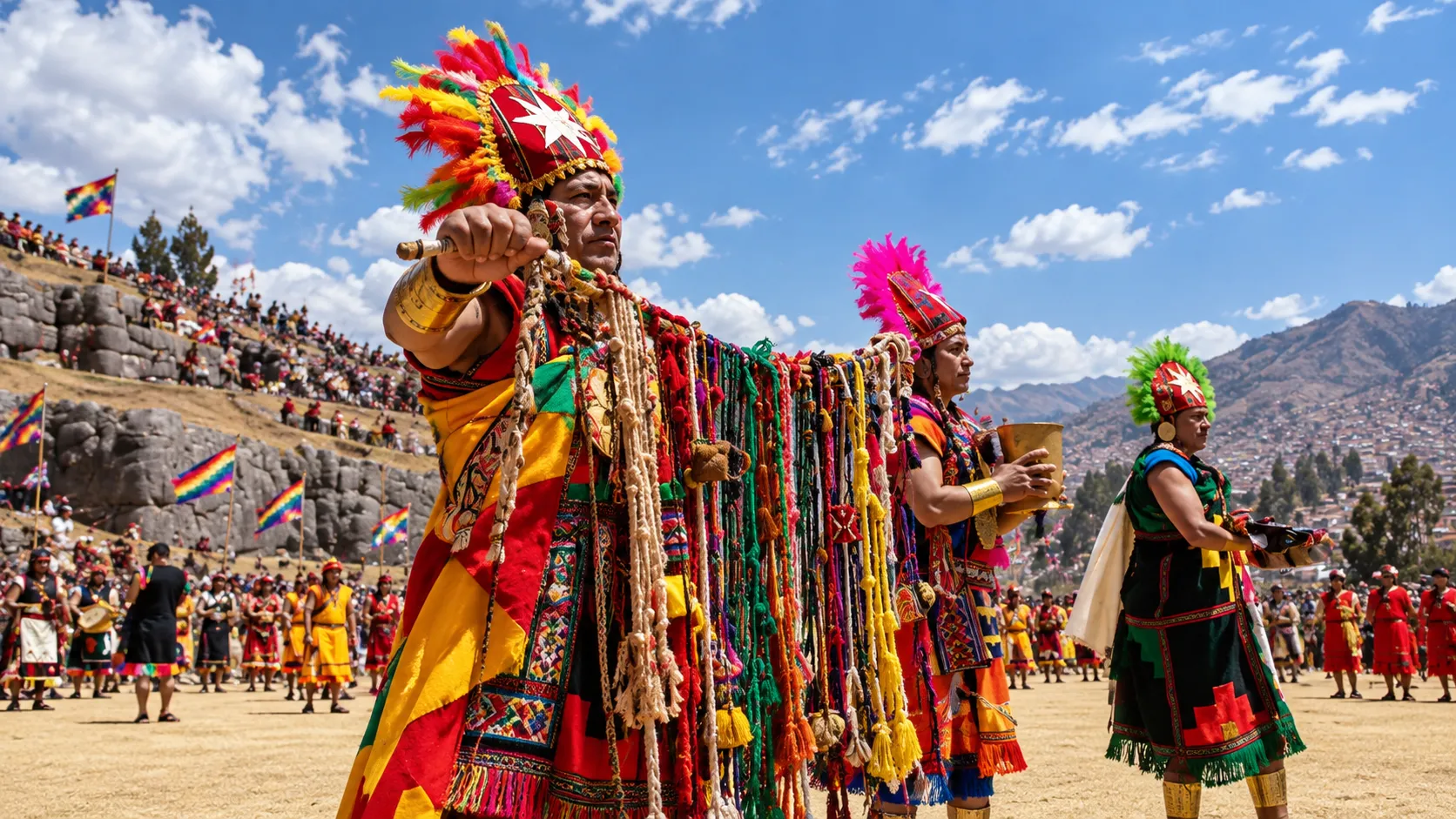 Vestimentas e instrumentos tradicionales utilizados durante la escenificación del Warachicuy en Cusco