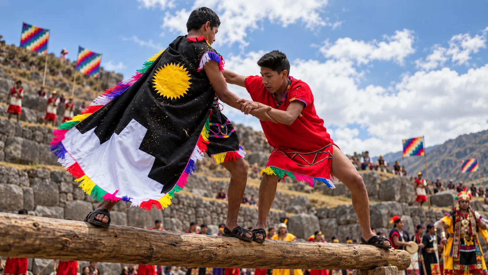 Escenificación de las pruebas físicas de destreza, fuerza y velocidad del Warachicuy en Sacsayhuamán